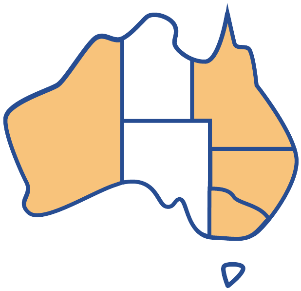 Map of Australia highlighting the east and west coast states